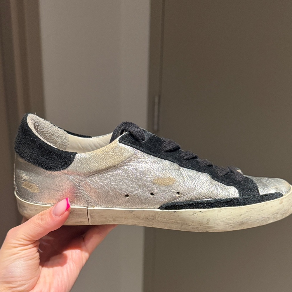 Golden Goose White and Black Superstar Sneakers - Picture 3 of 9